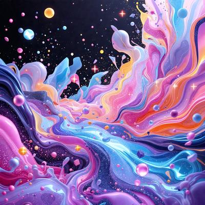 The primary subject of the image is a vibrant and colorful painting or digital artwork featuring a swirling, flowing design with various colors and shapes. The setting is a dark background, which contrasts with the bright and lively colors of the artwork. The visual style is a mix of digital art and traditional painting, creating a unique and captivating piece. The dominant colors and overall atmosphere are energetic, lively, and full of movement, reflecting the dynamic nature of the artwork.